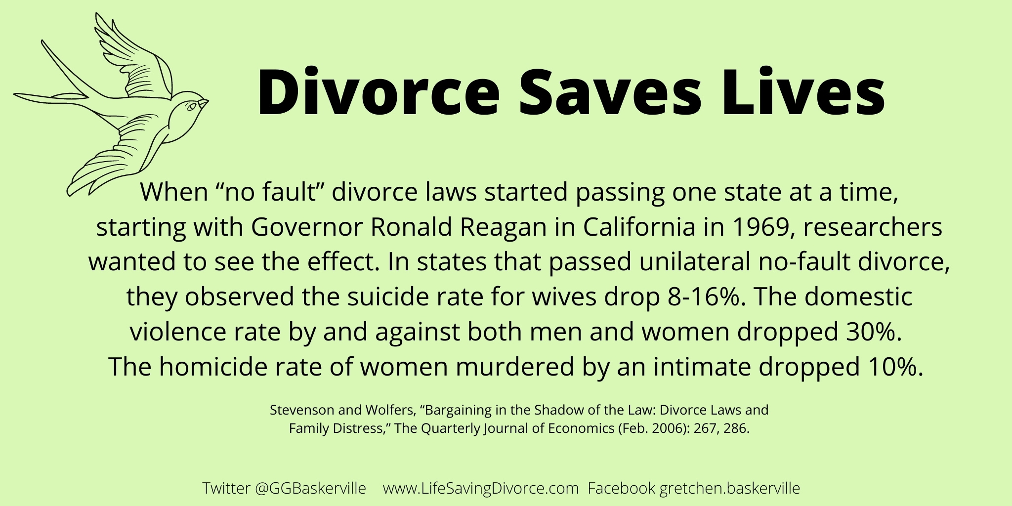 Divorce Saves Lives. When “no fault” divorce laws started passing one state at a time, starting with Governor Ronald Reagan in California in 1969, researchers wanted to see the effect. In states that passed unilateral no-fault divorce, they observed the suicide rate for wives drop 8-16%. The domestic violence rate by and against both men and women dropped 30%.  The homicide rate of women murdered by an intimate dropped 10%.   Stevenson and Wolfers, “Bargaining in the Shadow of the Law: Divorce Laws and Family Distress,” The Quarterly Journal of Economics (Feb. 2006): 267, 286.