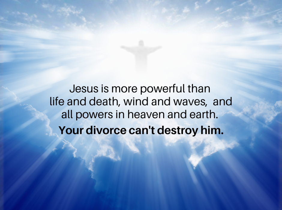Bright heavenly sky with radiant light and a silhouette of Jesus, with text reminding Christians that divorce cannot destroy Christ.