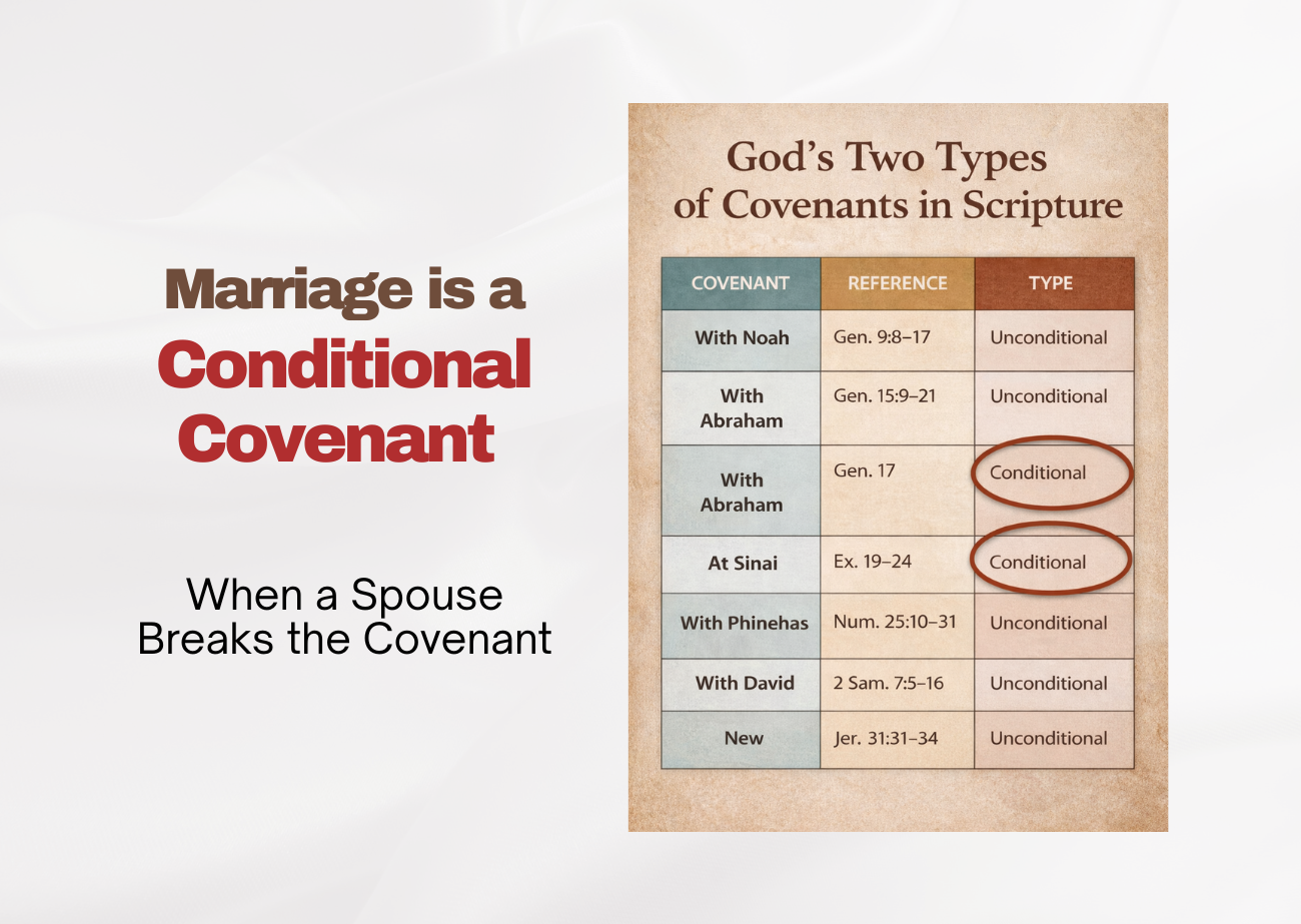 Graphic for a Christian divorce and marriage article showing the headline “Marriage is a Conditional Covenant” beside a chart titled “God’s Two Types of Covenants in Scripture.”