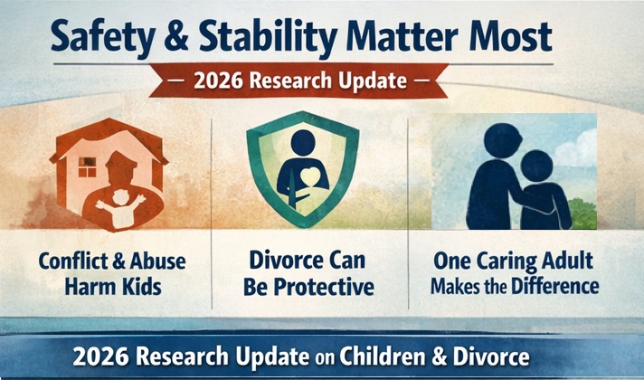 Graphic showing that children do best with safety, stability, and at least one supportive adult after divorce, according to decades of research.