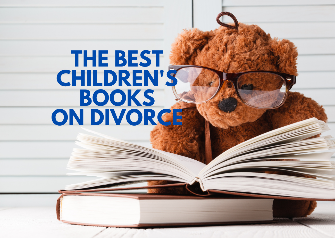 Teddy bear wearing glasses reading a book with text that says The Best Children’s Books on Divorce