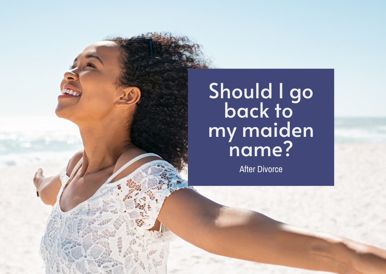 Should I Go Back to My Maiden Name After Divorce? Smiling woman on a beach with text asking, “Should I go back to my maiden name after divorce?”