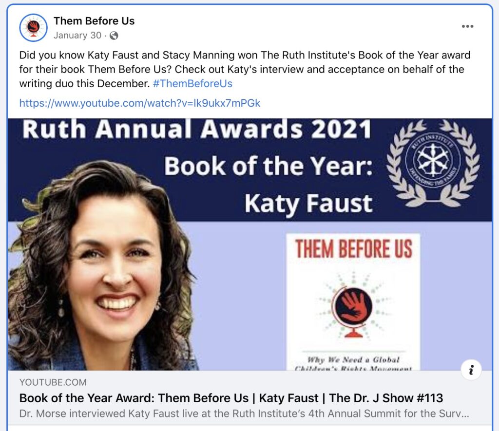 
Katy Faust accepts “Book of the Year” award from an extremist hate group, the Ruth Institute. Book: "Them Before Us."
