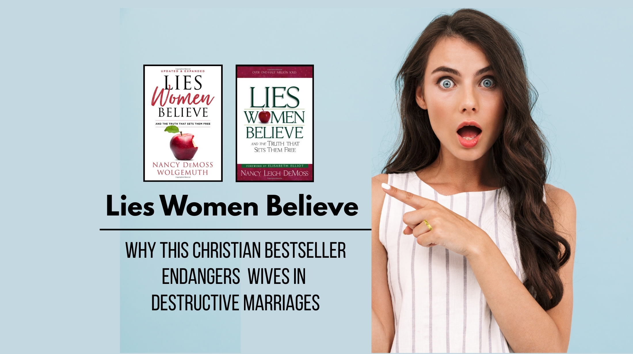 A woman with a look of shock on her face pointing to two book covers