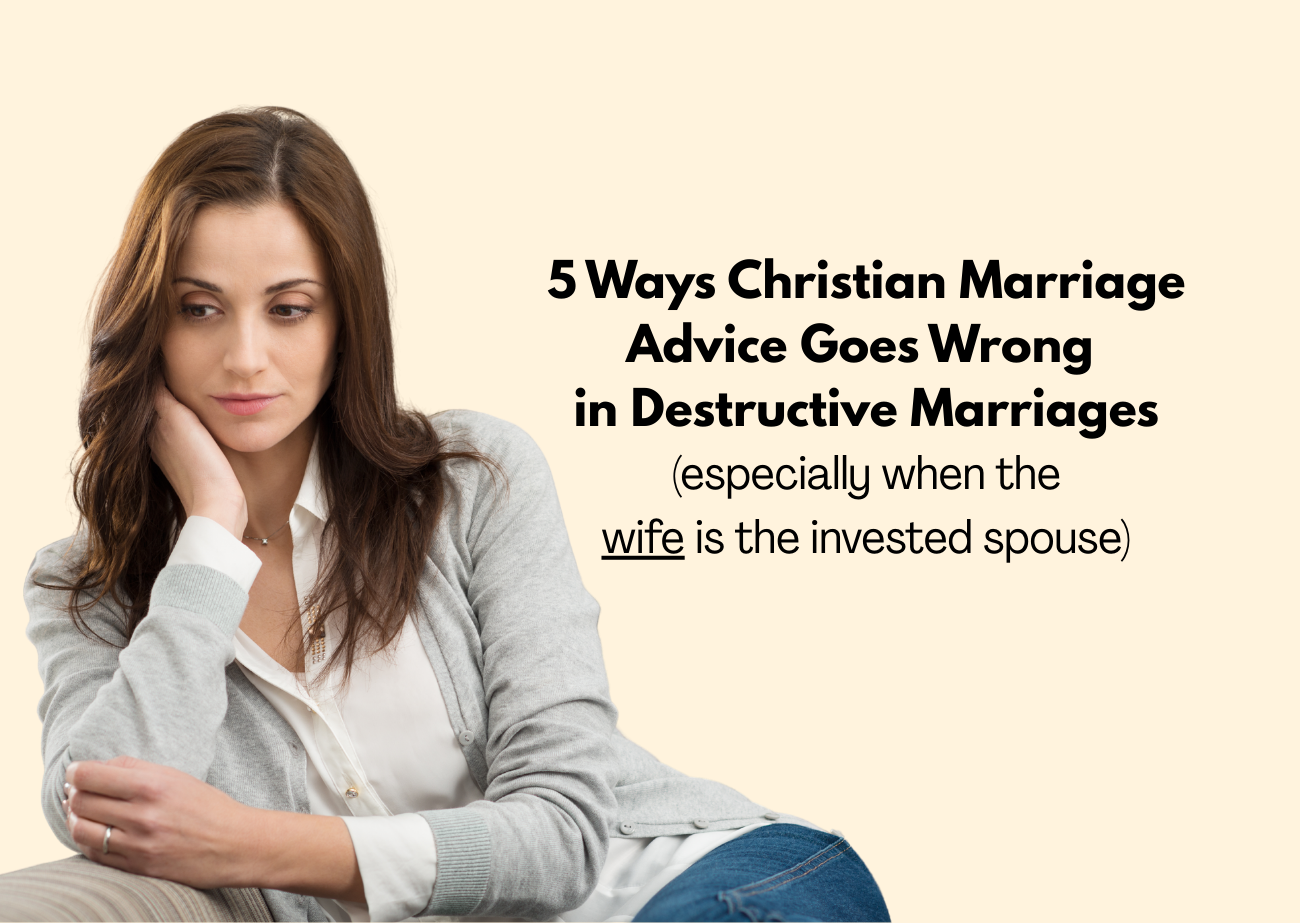 Image of a sad woman in a white blouse sitting on a couch. 5 ways Christian marriage advice goes wrong in destructive marriages, especially when the wife is the invested spouse