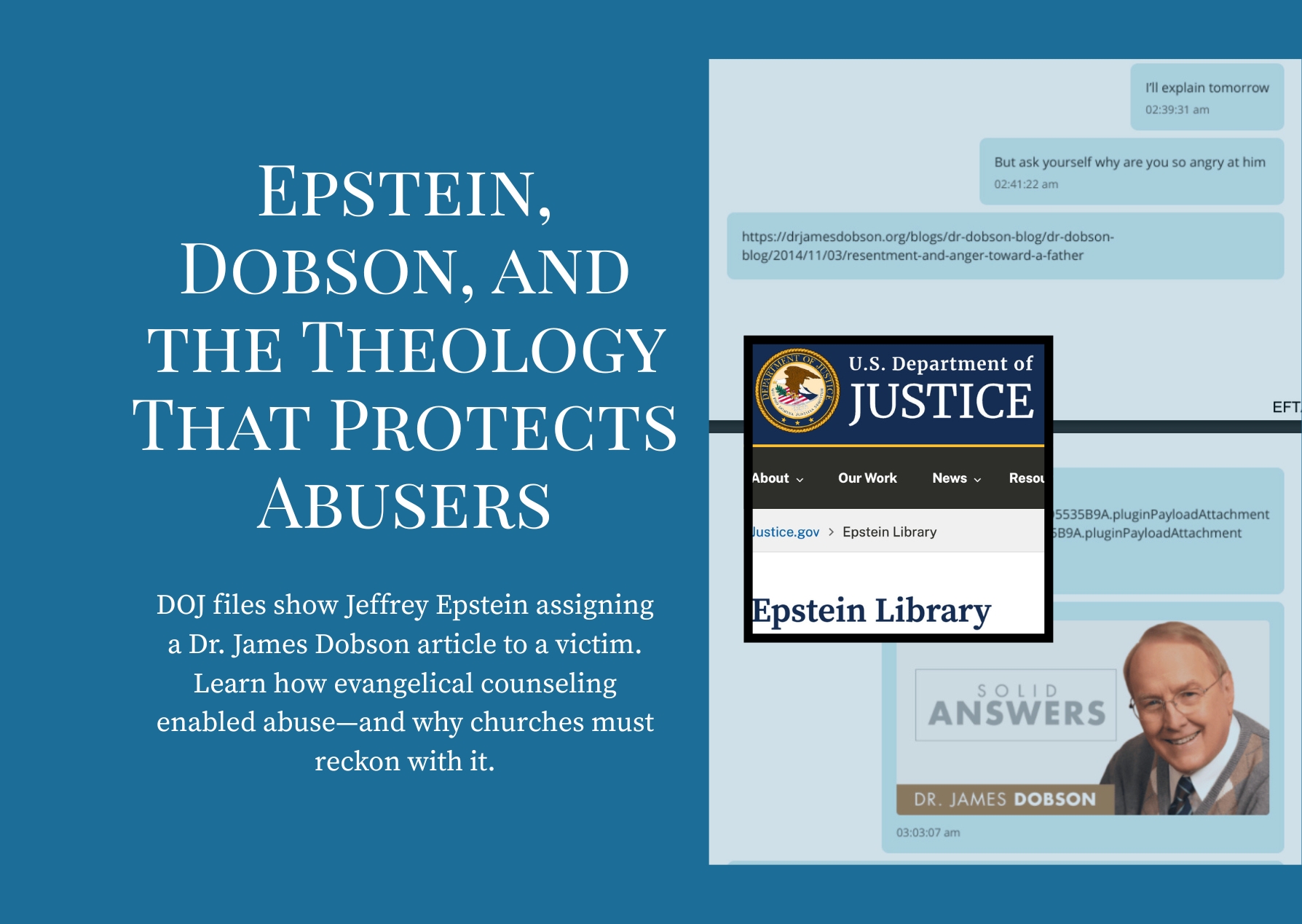DOJ Epstein files showing Jeffrey Epstein sending a victim a link to a James Dobson article about anger toward a father