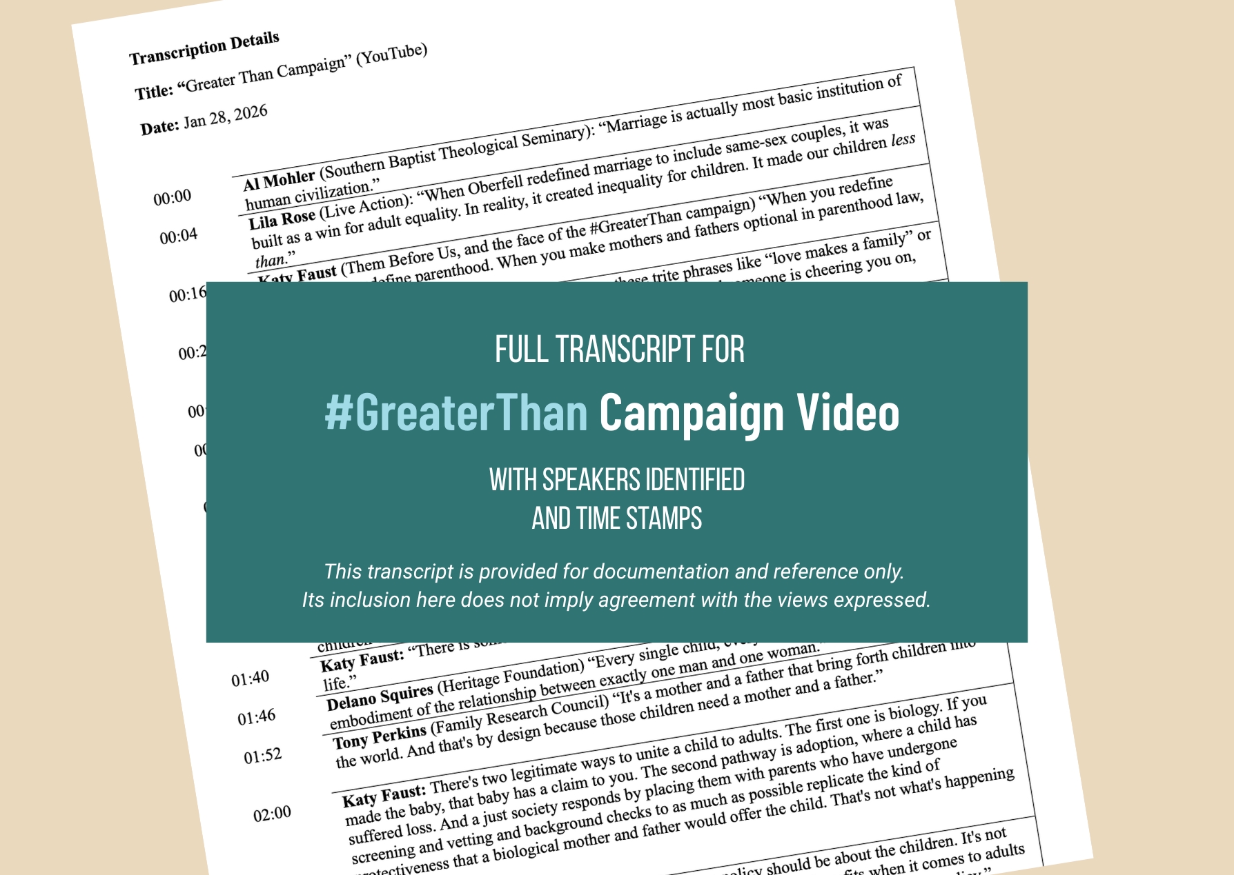 Full transcript of the #GreaterThan campaign video with speakers identified and timestamps.