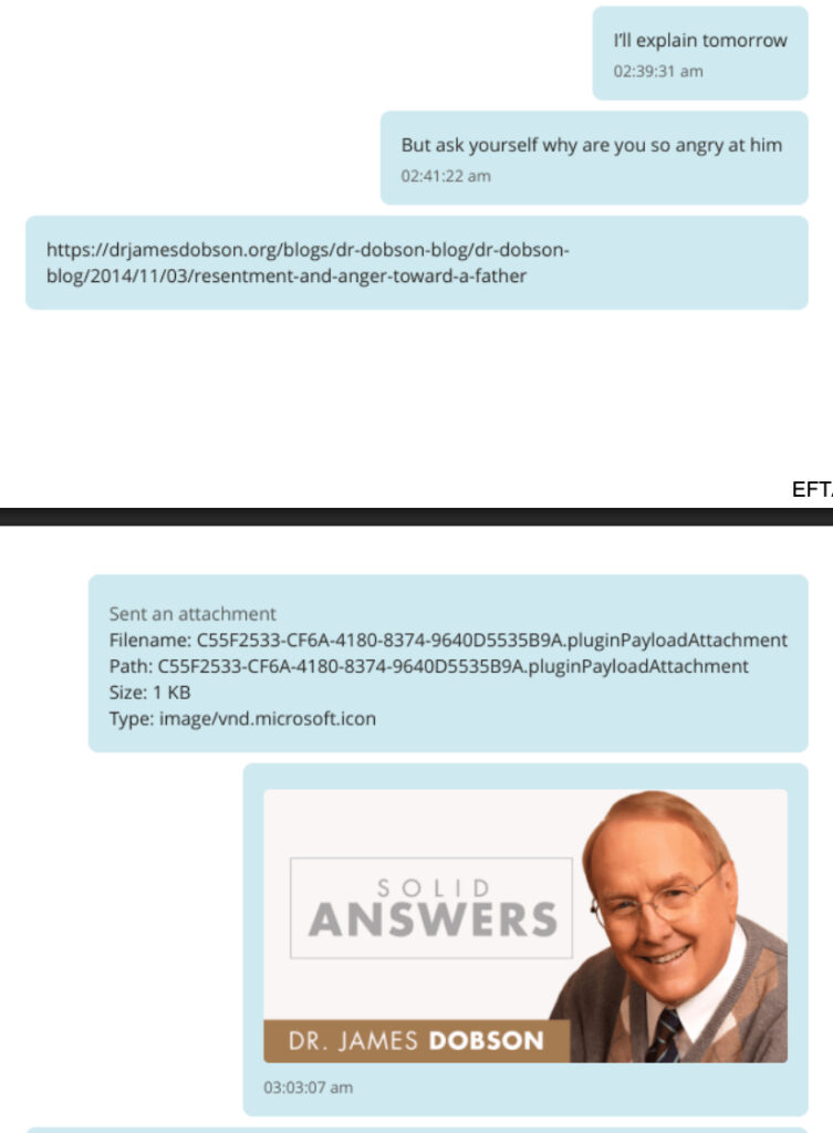 DOJ Epstein files showing Jeffrey Epstein sending a victim a link to a James Dobson article about anger toward a father
