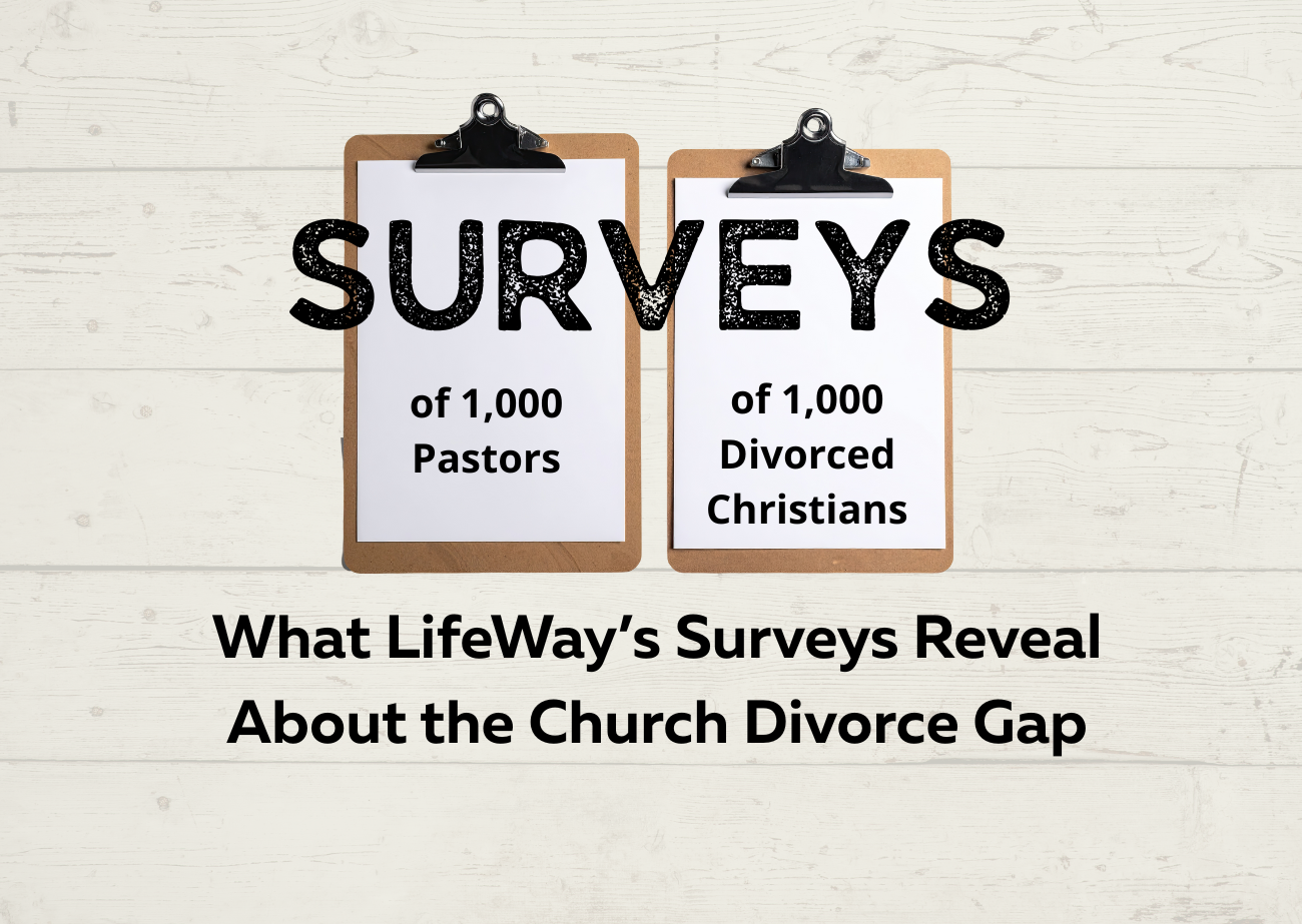 Two clipboards representing two LifeWay surveys of 1,000 pastors and 1,000 divorced Christians comparing perspectives on the church divorce gap
