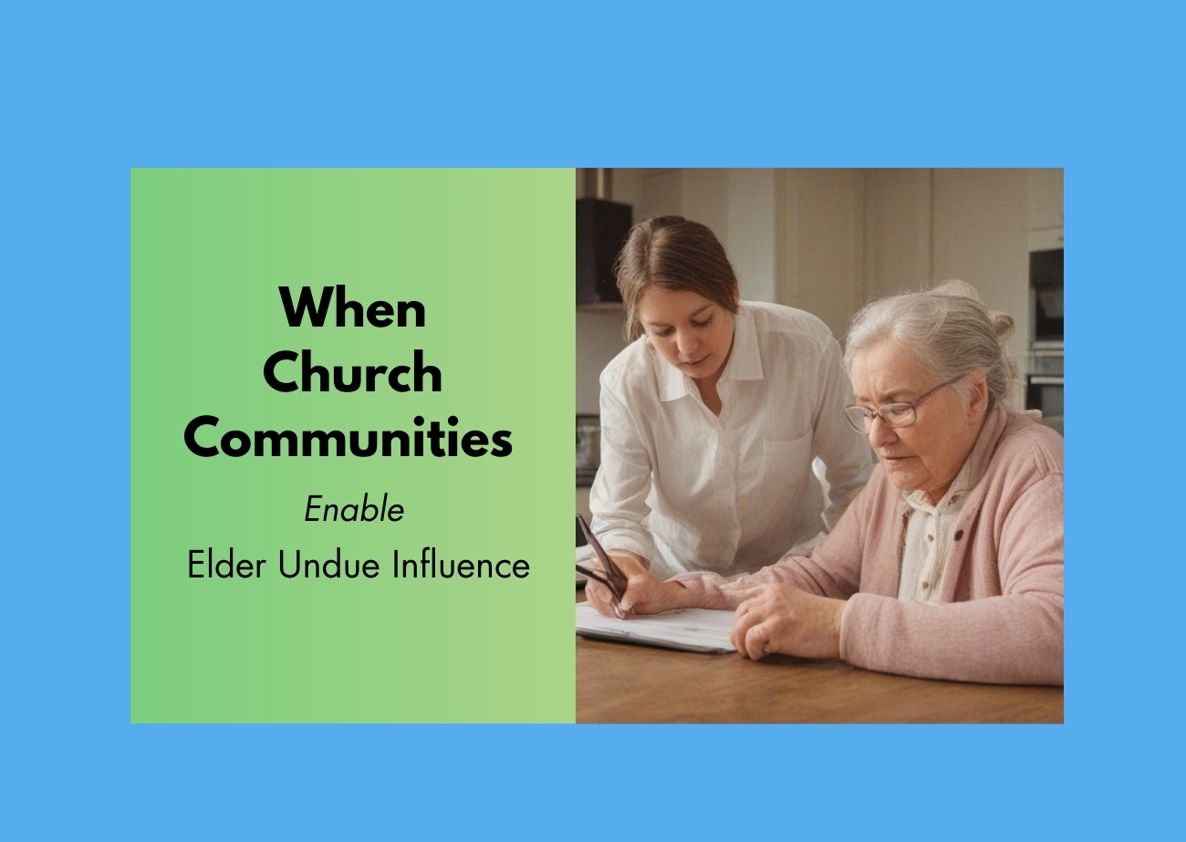 Elderly woman reviewing paperwork with a trusted adult as a warning sign of elder undue influence and dementia-related vulnerability.