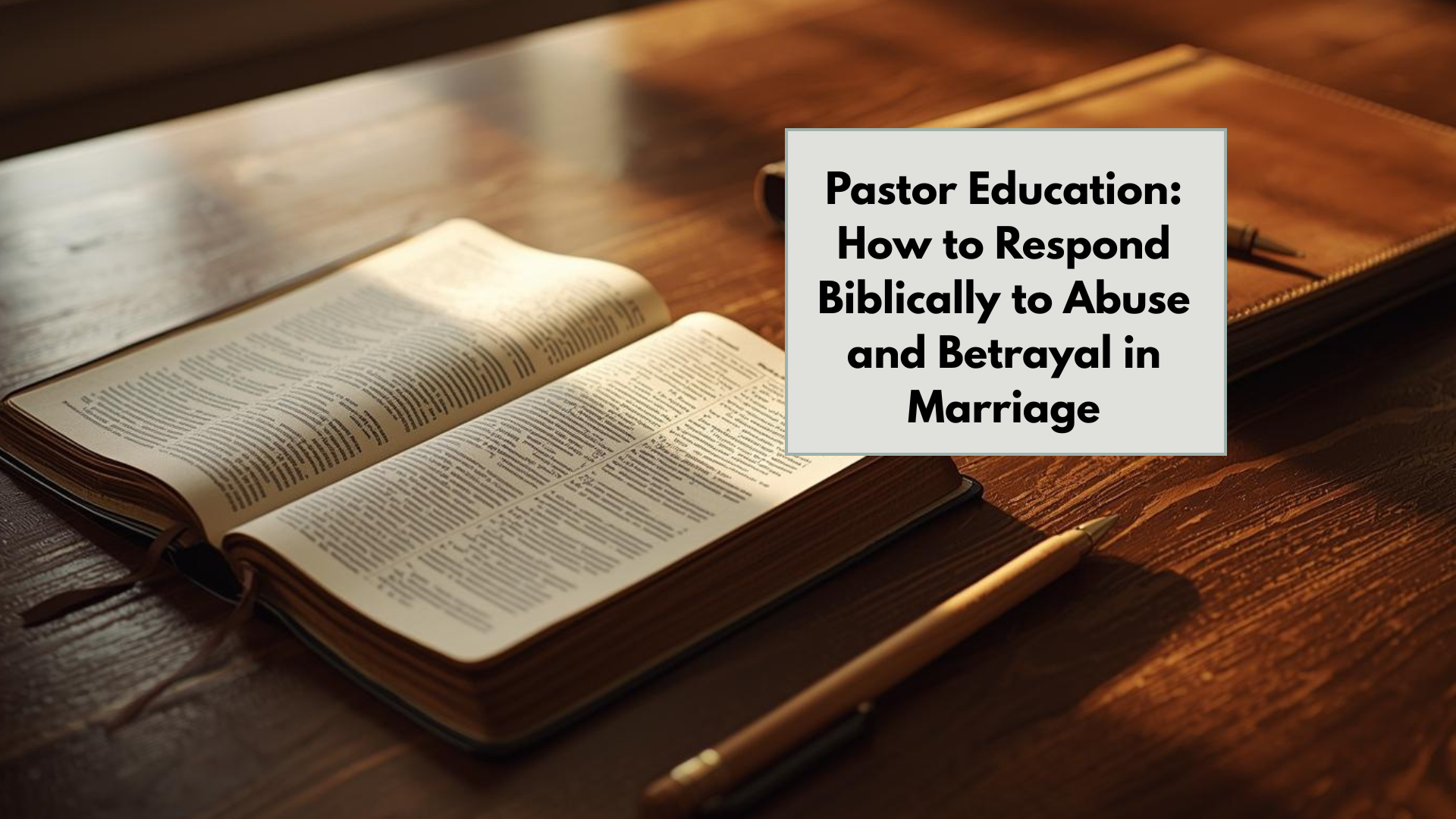 Open Bible and notebook on wooden desk with overlay text reading “Pastor Education: How to Respond Biblically to Abuse and Betrayal in Marriage”