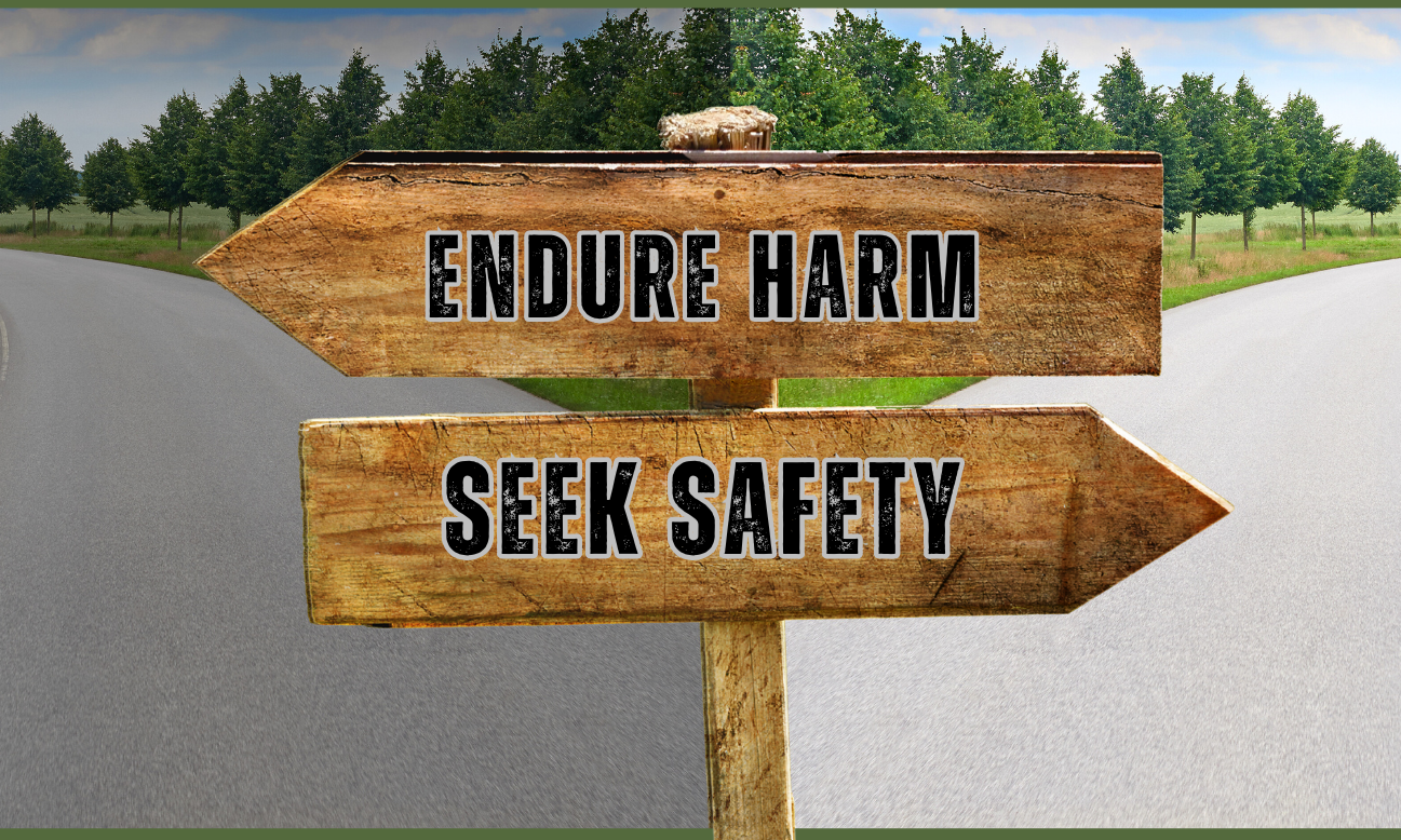 Wooden signpost at a split road labeled “Endure Harm” and “Seek Safety,” illustrating a choice between remaining in a harmful marriage and getting to safety.