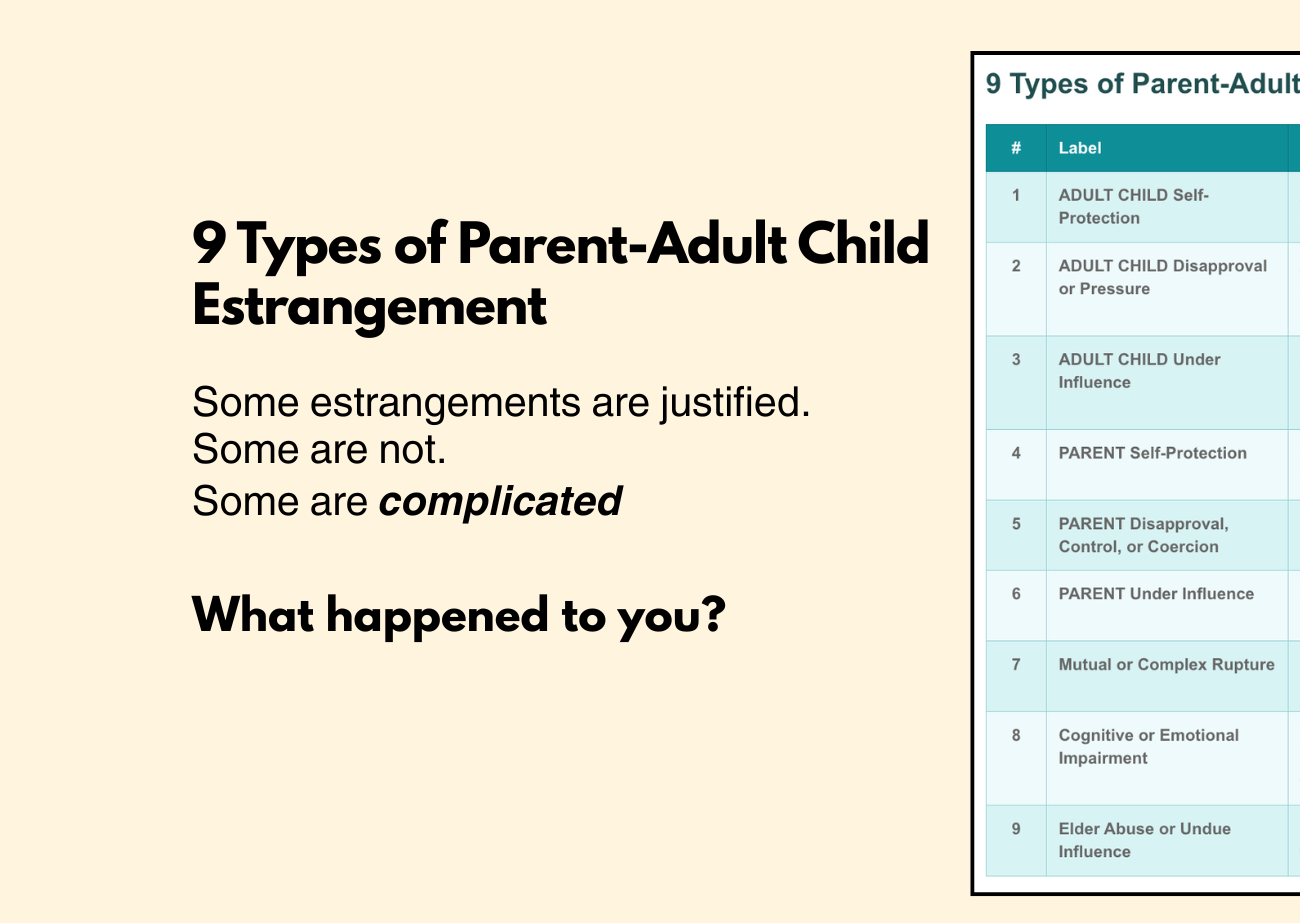 9 Types of Parent-Adult Child Estrangement A chart with label and explanation of 9 types of parent-adult child alienation