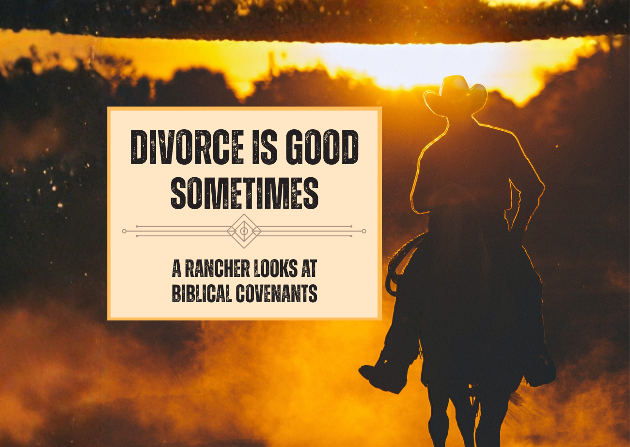 Divorce Is Good Sometimes: Biblical Covenants Silhouette of a rancher on horseback at sunset with text reading “Divorce Is Good Sometimes: A Rancher Looks at Biblical Covenants.”