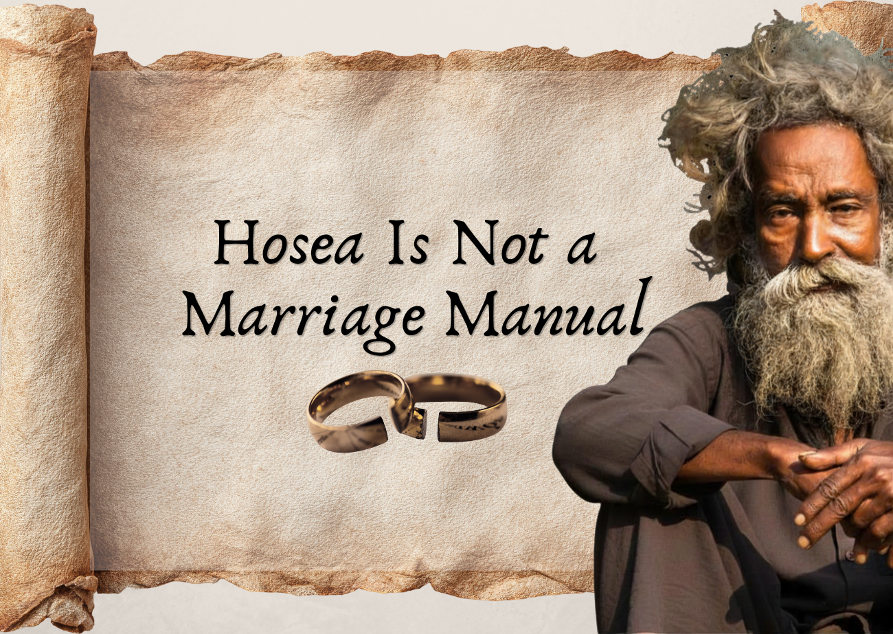 Ancient scroll background with a prophet-like figure and broken wedding rings, titled “Hosea Is Not a Marriage Manual.”
