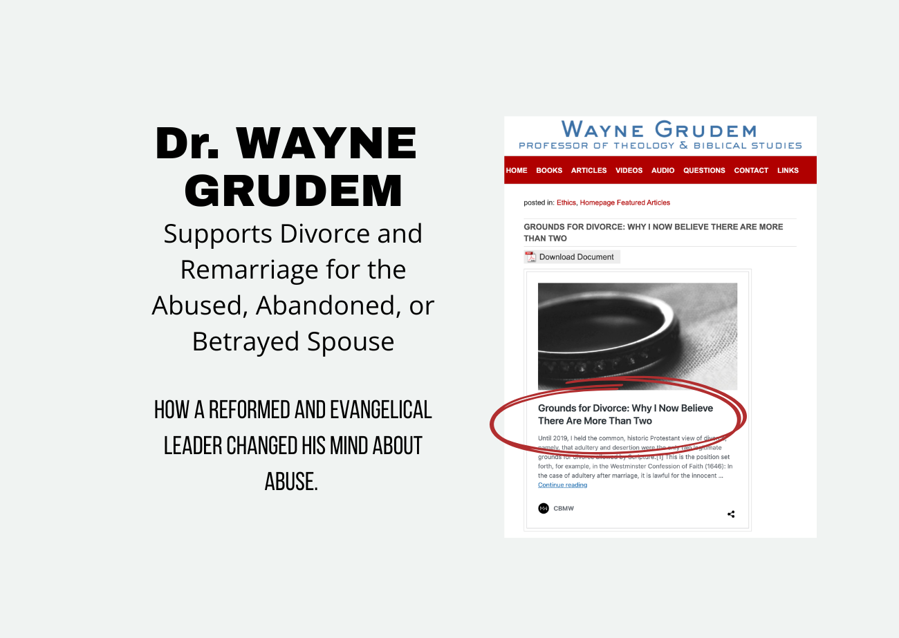 Graphic stating that Dr. Wayne Grudem supports divorce and remarriage for the abused, abandoned, or betrayed spouse, with a screenshot of his article on grounds for divorce.
