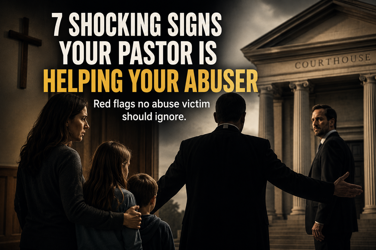 A pastor stands between an abuse victim with children and a courthouse, symbolizing spiritual betrayal and unsafe pastoral counsel.