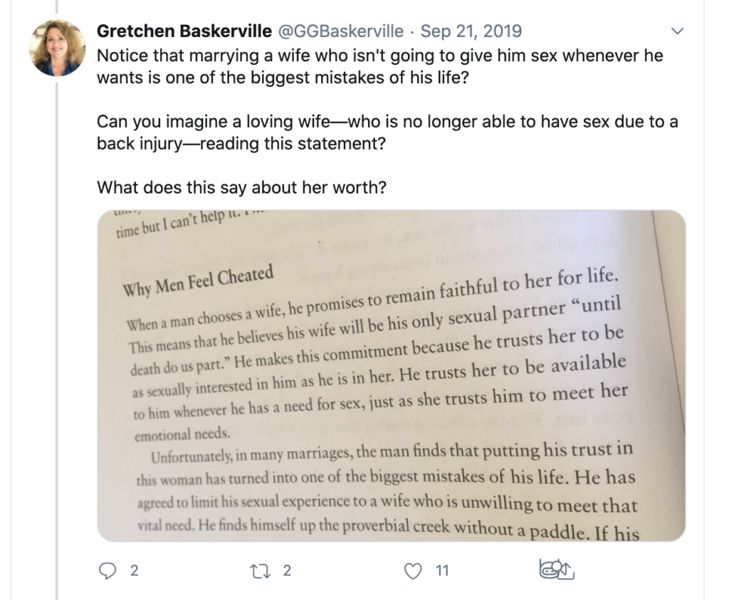 Tweet screenshot showing page 49 from His Needs, Her Needs about a wife being available whenever her husband has a need for sex