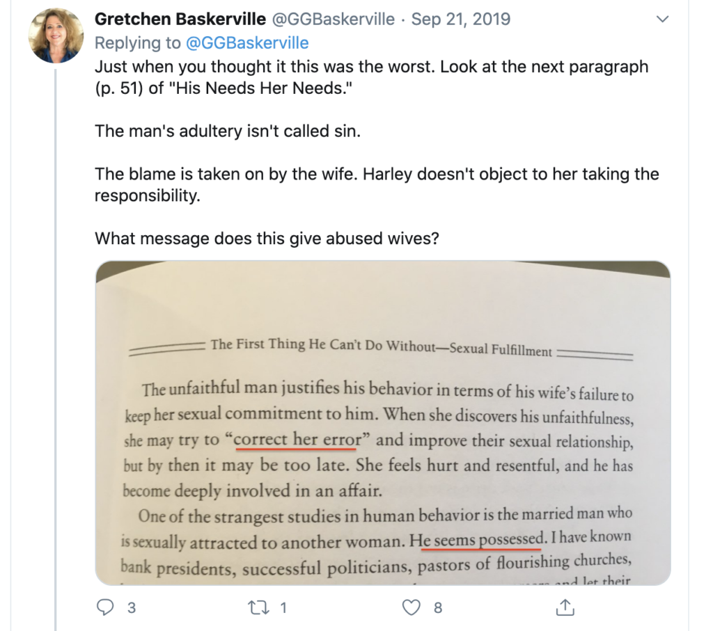 Tweet screenshot showing page 51 from His Needs, Her Needs with the phrase correct her error highlighted