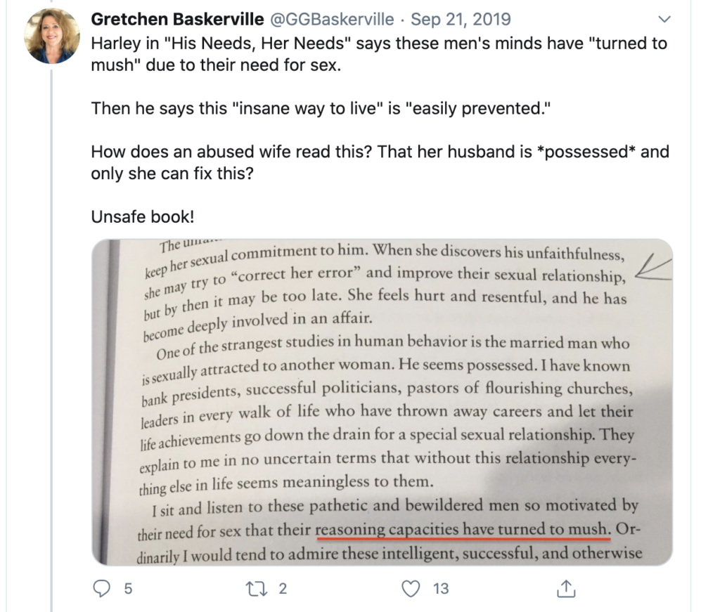 Tweet screenshot showing page 51 from His Needs, Her Needs with lines about the man seeming possessed and reasoning capacities turned to mush