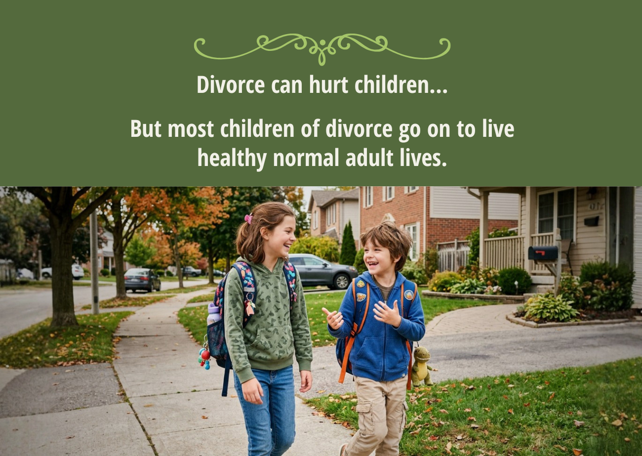 Most Children of Divorce Go On to Live Healthy Adult Lives Two smiling school-age children walking through a neighborhood with backpacks, representing resilience and healthy adjustment after divorce.