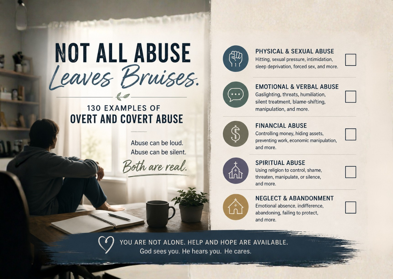 Examples of Overt and Covert Abuse A silhouetted person sitting thoughtfully at a table beside a checklist graphic about covert and overt abuse, including emotional, financial, spiritual, sexual, and neglect-related abuse, with the words “Not All Abuse Leaves Bruises.”