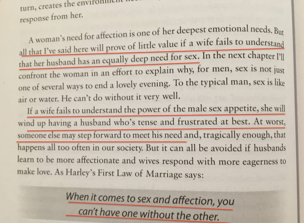Highlighted page 46 from His Needs, Her Needs showing Harley’s sex and affection summary paragraph
