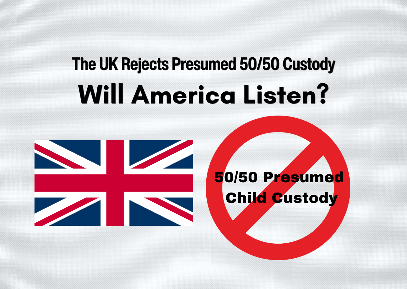 The UK Rejects Presumed 50/50 Child Custody — Will America Listen? Graphic showing the UK flag beside a prohibition symbol over the words “Presumed 50/50 Custody,” highlighting the UK’s move away from automatic equal custody assumptions in family court.