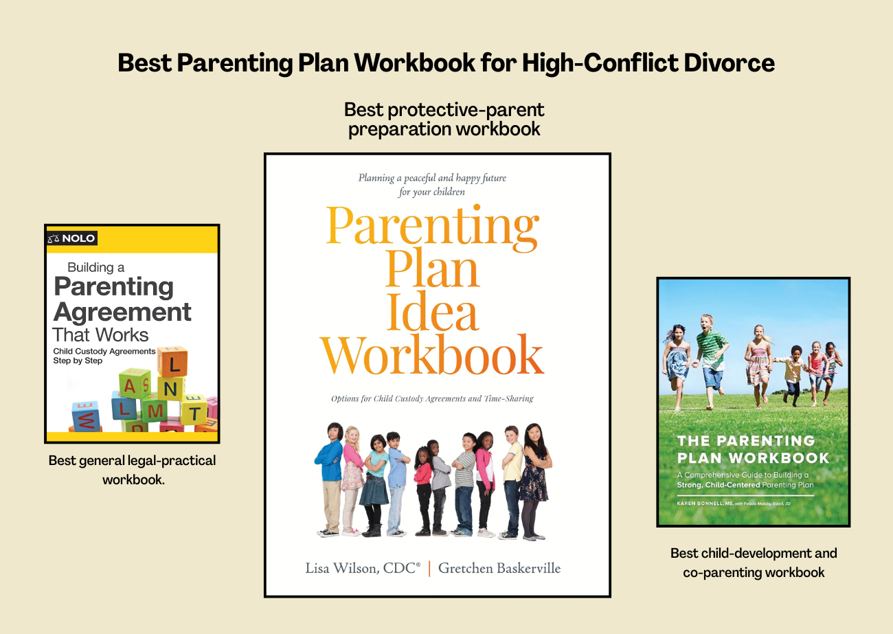 The Best Parenting Plan Workbook for High Conflict Divorce Comparison graphic showing three parenting plan workbooks: NOLO as the best general legal-practical workbook, Wilson & Baskerville as the best protective-parent preparation workbook, and Bonnell as the best child-development and co-parenting workbook.