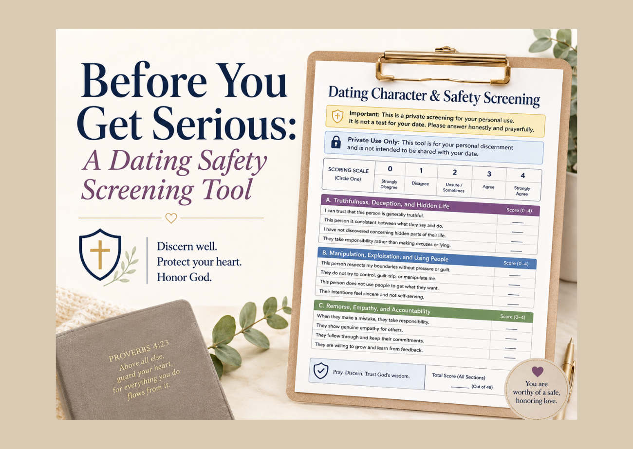 Blog image for “Before You Get Serious: A Dating Safety Screening Tool,” showing a clipboard-style private questionnaire with sections on truthfulness, manipulation, empathy, and accountability.