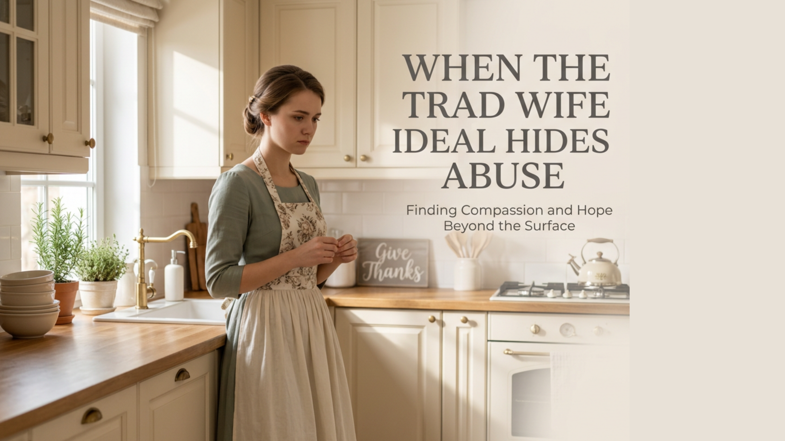 Traditionally dressed Christian wife standing thoughtfully in a bright kitchen beside the words “When the Trad Wife Ideal Hides Abuse.”