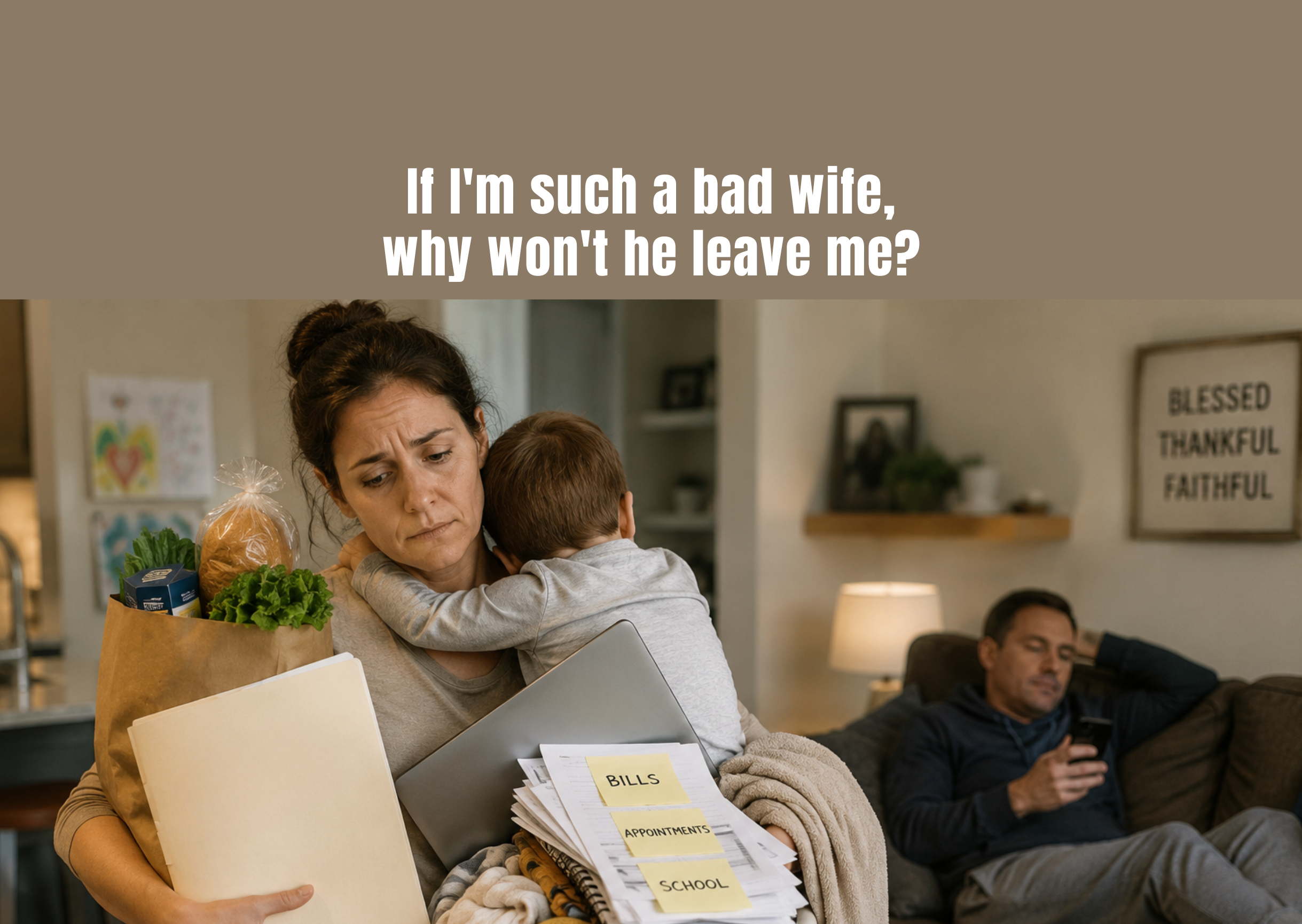 If I’m Such a Bad Wife, Why Won’t He Leave Me? Overwhelmed wife carrying a child, groceries, bills, and laundry while her husband sits disengaged in the background.