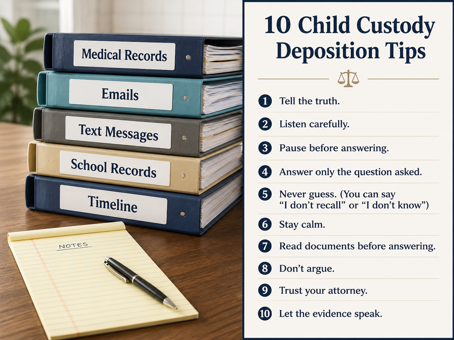 10 Child Custody Deposition Tips: How to Prepare for Your Divorce Deposition Organized binders labeled Medical Records, Emails, Text Messages, School Records, and Timeline beside a legal pad and a checklist of 10 child custody deposition tips.