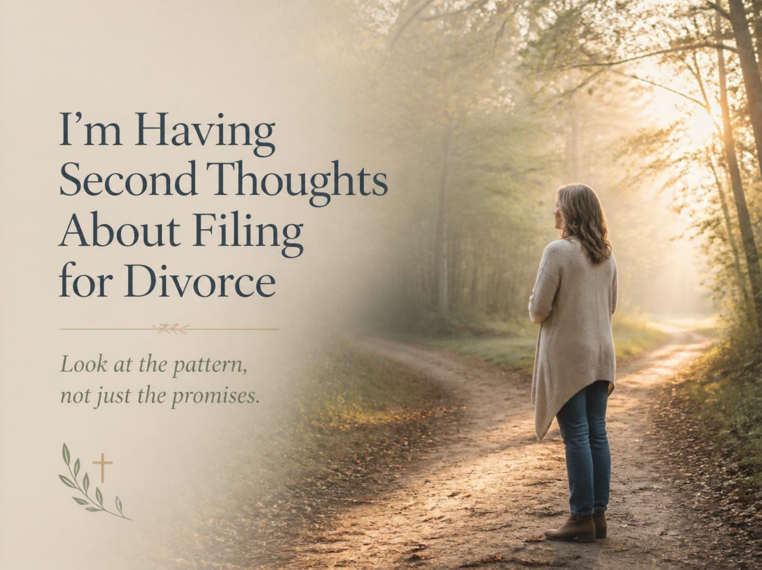 I’m Having Second Thoughts About Filing for Divorce Woman standing at a fork in a wooded path with the words “I’m Having Second Thoughts About Filing for Divorce.”