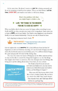 Page from Lies Girls Believe teaching contentment while stating in a small footnote that no one should remain content when experiencing abuse.