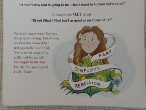 Page 27 of Lies Girls Believe depicting Eve wrapped in ribbons labeled fear, confusion, and rebellion, beside text saying she allowed her feelings to take control and began to believe the lie.