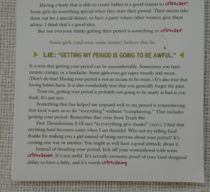 Page from Lies Girls Believe claiming that fear of getting a period is a lie and encouraging girls to celebrate menstruation.