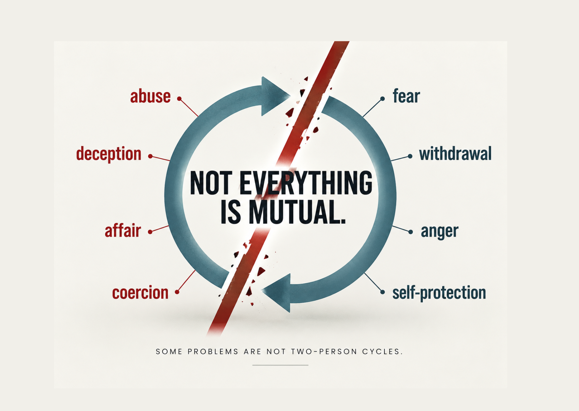 Infographic showing a broken relationship cycle with abuse, deception, affair, and coercion on one side and fear, withdrawal, anger, and self-protection on the other, with the words “Not everything is mutual.”