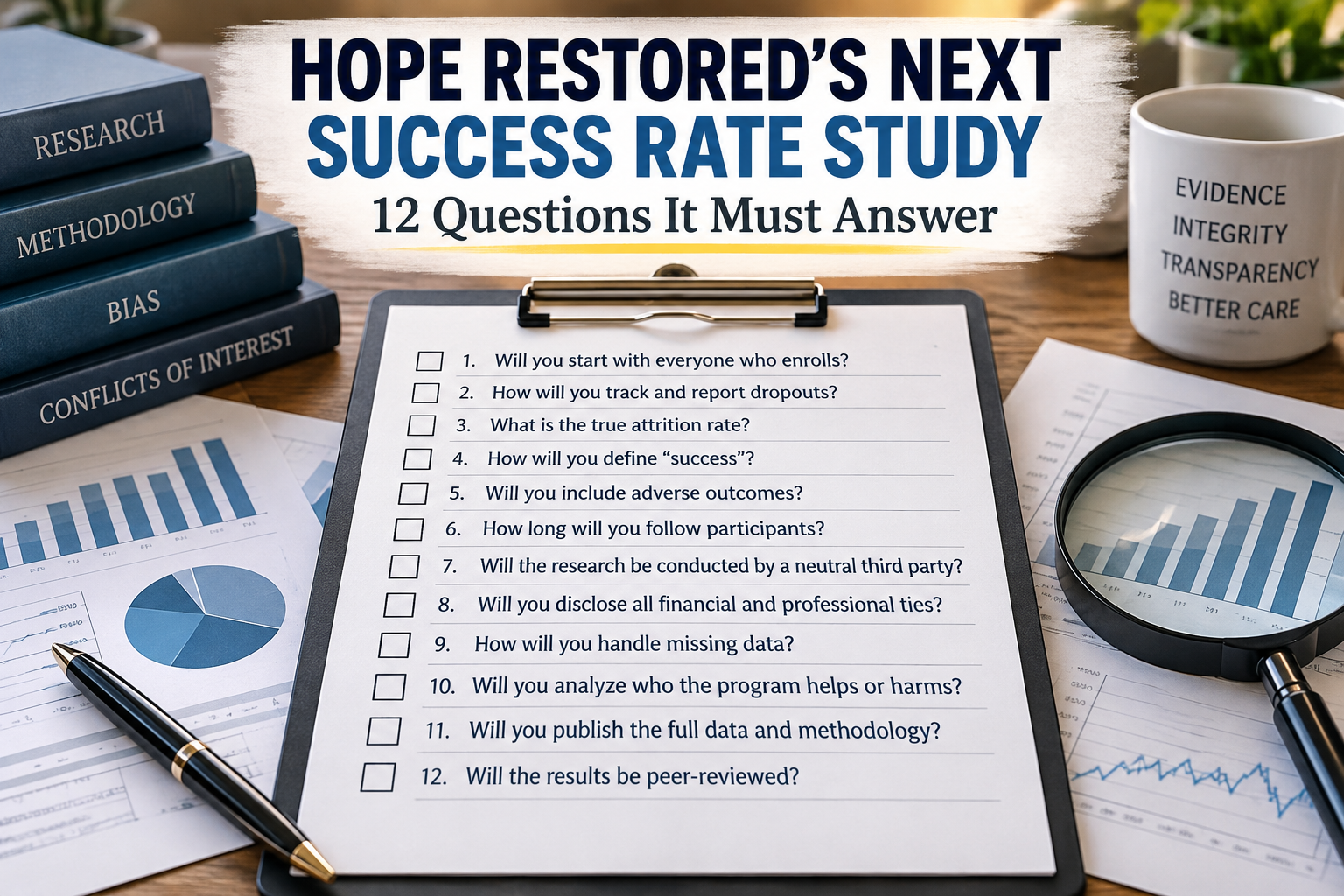 Hope Restored’s next study — 12 questions it must answer, with a research checklist, charts, and magnifying glass.